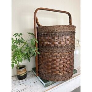 Vintage 2-Tier Chinese Asian Wedding Basket Woven Wicker Rattan Bamboo/Cane Boho